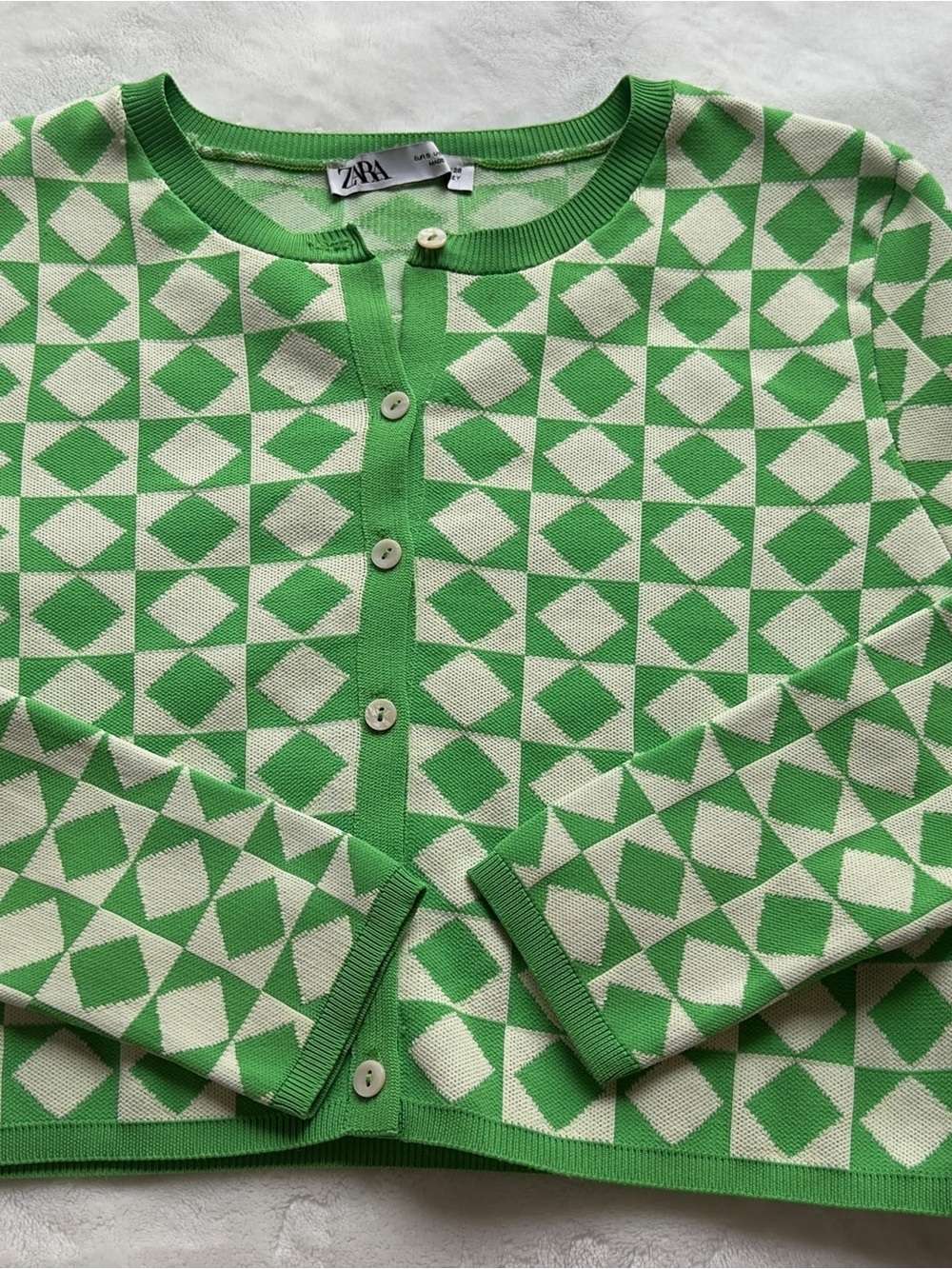 Zara Bright Green & Cream Geometric Knit Cardigan